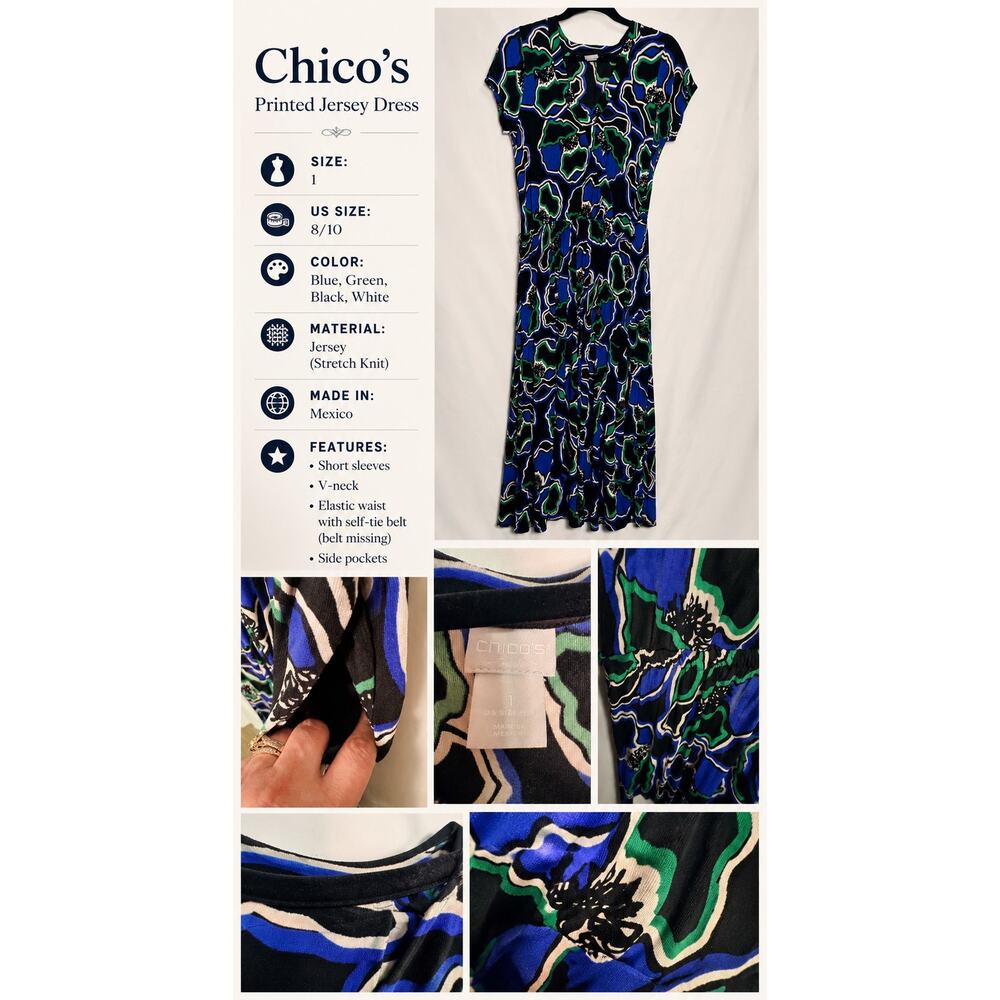 Chico’s Travelers Dress Size 1 US 8/10 Blue Green Abstract Stretch Knit Pockets